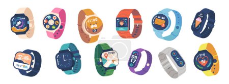 Illustration for Set of Smart Watches, Fitness Trackers for Kids and Adults with Digital Display and Silicone Bracelets. Innovative Technology Devices, Smartwatch Modern Electronic Gadgets. Cartoon Vector Illustration - Royalty Free Image