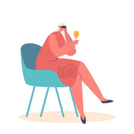 Ilustración de Joven mujer alegre en gafas Vr beber alcohol sentado en la silla en el hogar o en el bar. Carácter femenino sosteniendo Wineglass en la mano Comunicarse en el ciberespacio virtual. Dibujos animados Gente Vector Ilustración - Imagen libre de derechos