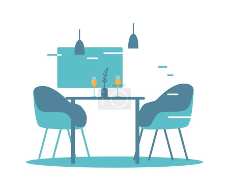 Restaurant oder Home Interior mit Tisch, Stühlen und Weingläsern, gemütlichem Ort mit Beleuchtung und modernen Möbeln im minimalen Stil. Ort für Dating oder Treffen. Zeichentrickvektorillustration