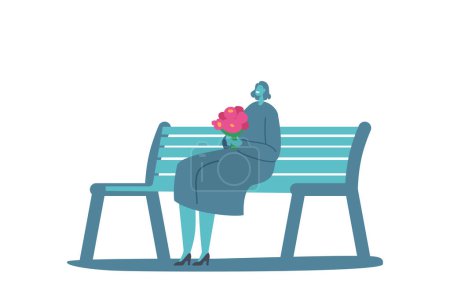 Téléchargez les illustrations : Jeune femme avec bouquet de fleurs dans les mains assis sur le banc isolé sur fond blanc. Caractère féminin heureux sur Romantique Sortir ensemble dans City Park. Illustration vectorielle des personnages de bande dessinée - en licence libre de droit