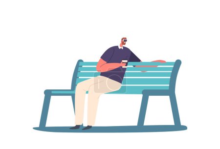 Illustration for Vr Technologies Concept. Male Character in Headset Sitting on Bench with Coffee Cup in Hand Isolated on White Background. Virtual Communication, Dating Experience. Cartoon People Vector Illustration - Royalty Free Image