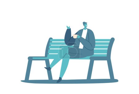 Téléchargez les illustrations : Jeune personnage masculin avec tasse de café assis sur banc isolé sur fond blanc. Homme en vêtements modernes passer du temps en plein air sur la rue ou le parc de la ville. Illustration vectorielle des personnages de bande dessinée - en licence libre de droit