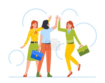 Cheerful Female Characters Giving High Five. Business Team Successful Deal, Command Agreement, Success Celebration Concept with Excited Corporate Business Women. Cartoon People Vector Illustration
