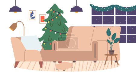Téléchargez les illustrations : Intérieur de la maison de Noël avec pin décoré et canapé confortable, lampes suspendues, fenêtre et plantes en pot, maison prête pour la fête de Noël. Illustration vectorielle de bande dessinée - en licence libre de droit