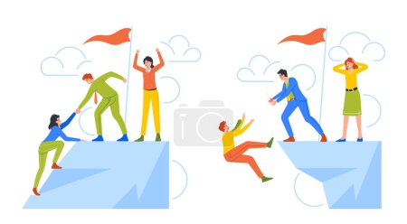 Illustration for Business Support and Loss Concept. Characters Climb the Mountain Top and Fall Down from Rock Edge. Corporate Help, Assistance or Failure. Employees Cooperation. Cartoon People Vector Illustration - Royalty Free Image