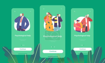 Illustration for Psychological Help Mobile App Page Onboard Screen Template. Characters Hiding Faces Behind Social Masks With Fake Positive Emotions. Sad Men, Women and Kids Concept. Cartoon People Vector Illustration - Royalty Free Image