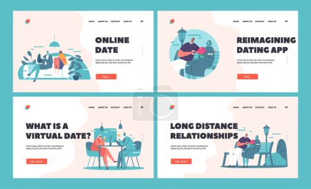 Illustration for Virtual Dating Landing Page Template Set. People Use Vr Technology for Date. Male and Female Characters Wearing Augmented Reality Goggles Meet in Cyberspace. Cartoon Vector Illustration - Royalty Free Image