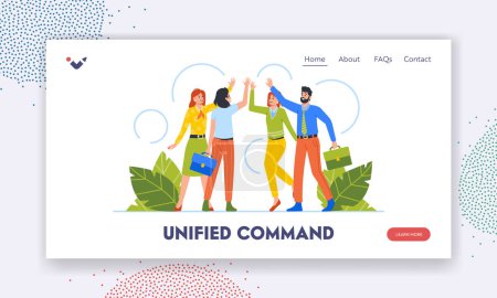 Unified Command Landing Page Template. Unity And Support Between Colleagues, Business People Team Celebrate Success In Work Collaboration Together, Giving High Five With Rejoice. Vector Illustration