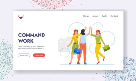 Illustration for Command Work Success Celebration Landing Page Template. Cheerful Female Characters Giving High Five. Business Team Successful Deal, Excited Corporate Business Women. Cartoon People Vector Illustration - Royalty Free Image