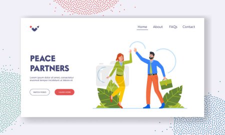 Illustration for Partnership Landing Page Template. Business Characters Informal Greeting, Happy People Giving High Five. Cheerful Friends or Colleagues Joy Expression, Agreement. Cartoon People Vector Illustration - Royalty Free Image
