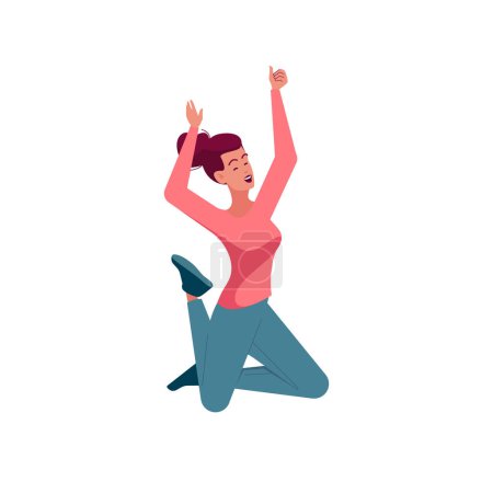 Illustration for Happy Woman In Casual Clothes Jumping In Air And Laughing Isolated On White Background. Positive Female Character Jump, Feel Freedom, Happiness Rejoice, Fun Concept. Cartoon People Vector Illustration - Royalty Free Image