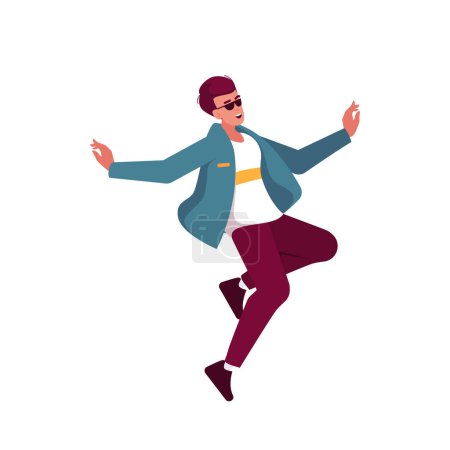 Illustration for Fun Concept with Positive Man In Trendy Clothes Jumping, Rejoice And Laugh Isolated On White Background. Happy Male Character Jump In Air, Feel Happiness Emotions. Cartoon People Vector Illustration - Royalty Free Image