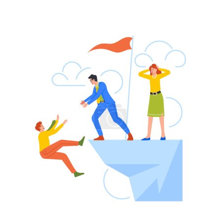 Illustration for Business Character Fall Down from Mountain Cliff. Concept of Loss, Fail, Crisis with Man Stand on Rock Peak Stretching Hands to Falling Colleague. Cartoon People Vector Illustration - Royalty Free Image