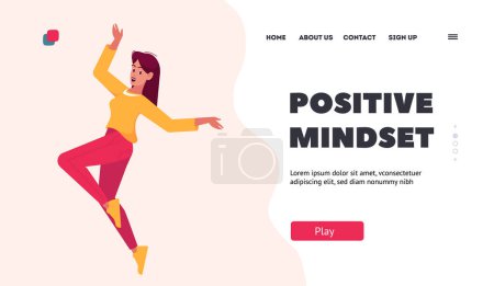 Illustration for Positive Mindset Landing Page Template. Happy Woman Feel Happiness Jumping And Laugh. Female Character In Trendy Clothes Jump In Air, Rejoice, Fun Emotions Concept. Cartoon People Vector Illustration - Royalty Free Image
