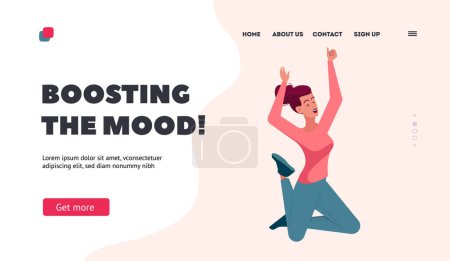 Illustration for Happiness Rejoice Landing Page Template. Happy Woman In Casual Clothes Jumping In Air And Laughing. Positive Female Character Jump, Feel Freedom, Fun Concept. Cartoon People Vector Illustration - Royalty Free Image