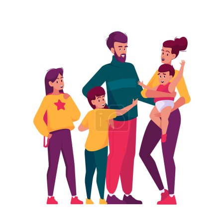 Illustration for Happy Family Mother, Father, Son, Daughter and Little Baby. Cheerful Personages Children and Parents Characters Stand Together, Smiling People, Loving Bonding. Cartoon Vector Illustration - Royalty Free Image