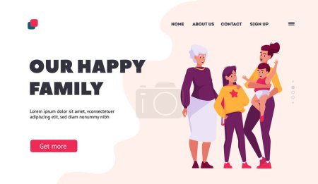 Illustration for Happy Family Landing Page Template. Mother, Son, Daughter and Grandmother Smiling Characters. Children, Parents and Grandparent Generations Together. Cartoon People Vector Illustration - Royalty Free Image