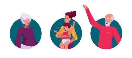 Illustration for Happy Family Characters Mother with Baby, Grandfather and Grandmother Isolated Round Icons or Avatars on White Background. Children and Parents Generations Together. Cartoon People Vector Illustration - Royalty Free Image