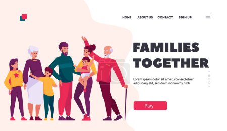 Illustration for Big Family Together Landing Page Template. Happy Characters Mother, Father, Son, Daughter, Grandfather, Grandmother. Children and Parents Generations. Cartoon People Vector Illustration - Royalty Free Image