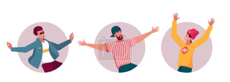 Illustration for Positive Men In Trendy Clothes Jumping Isolated Round Icons or Avatars. Happy Male Characters Jump In Air, Feel Fun, Rejoice And Laugh, Happiness Emotions. Cartoon People Vector Illustration - Royalty Free Image