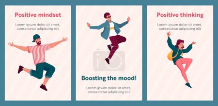 Illustration for Positive Mindset, Good Mood Group Cartoon Banners. Happy Laughing People Jumping Up And Celebrating Victory. Energetic And Cheerful Men And Women Having Fun, Waving Hands. Vector Illustration, Posters - Royalty Free Image
