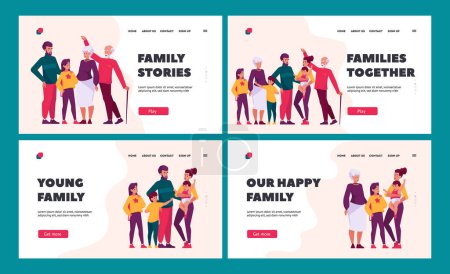 Illustration for Big Family Together Landing Page Template Set. Happy Characters Mother, Father, Son, Daughter, Grandfather, Grandmother. Children and Parents Generations. Cartoon People Vector Illustration - Royalty Free Image