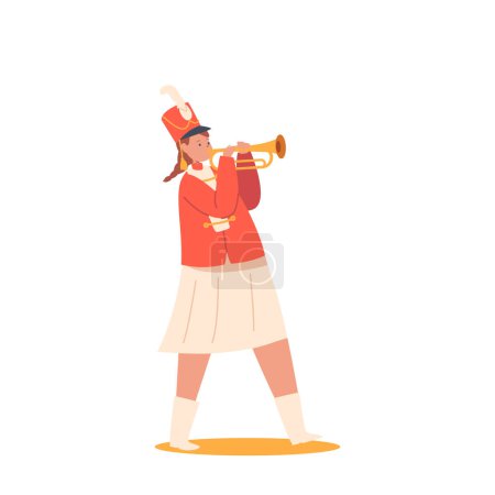 Illustration for Happy Girl in Uniform Play Festival Music With Horn during Parade Marching, Fair or School Concert. Kid Character with Horn Instrument Isolated On White Background. Cartoon People Vector Illustration - Royalty Free Image