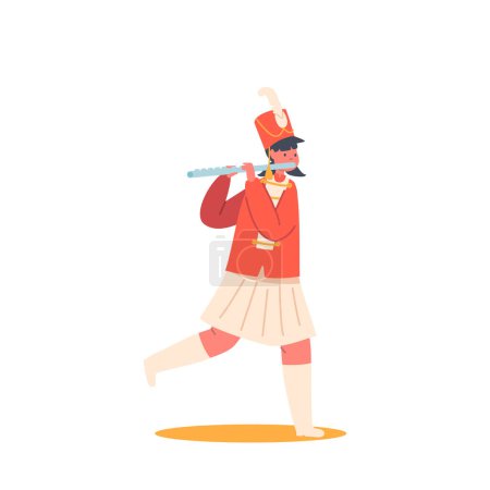 Illustration for Happy Girl in Red Uniform Play Festival Music With Flute during Parade March, Fair or School Concert. Kid Character with Instrument Isolated On White Background. Cartoon People Vector Illustration - Royalty Free Image