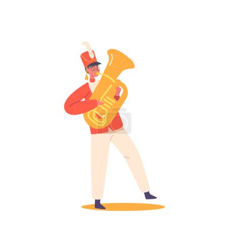 Illustration for Happy Boy Play Festival Music With Tuba during Parade Marching Isolated On White Background. Kid Character in Uniform with Brass Wind Instrument Perform Concert. Cartoon People Vector Illustration - Royalty Free Image