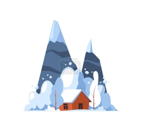 Illustration for Snow Avalanche Natural Disaster, Cottage House under Snow Falling from Mountains due to Catastrophe in Nature. Damage, Hazardous Accident, Snowy Storm and Destruction. Cartoon Vector Illustration - Royalty Free Image