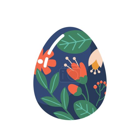 Illustration for Colorful Easter Egg with Flowers and Green Leaves Pattern Isolated on White Background. Holiday Art, Graphic Design Element with Floral Ornament for Greeting Card. Cartoon Vector Illustration - Royalty Free Image