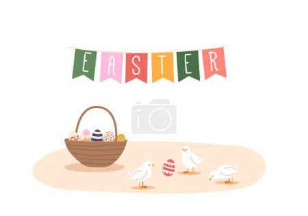 Illustration for Easter Hunt Concept with Colorful Eggs in Basket, Cute Chicks and Flag Garland. Spring Festive Design, Decorative Graphics for Celebration and Greeting Card. Cartoon Vector Illustration - Royalty Free Image
