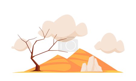 Illustration for Sandstorm in Desert Natural Disaster. Sand Dunes and Dry Tree under Dust Clouds, Weather Environmental Situation in Deserted Area, Catastrophe, Accident. Cartoon Vector Illustration - Royalty Free Image