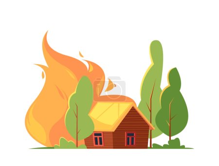 Waldbrand Naturkatastrophe mit brennenden Bäumen und Holzhaus. Extreme Versicherungssituation, Zerstörung, gefährlicher Unfall mit wütend wütender Flamme und Hütte. Zeichentrickvektorillustration