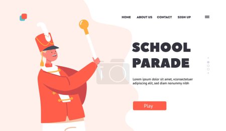 Illustration for School Parade Landing Page Template. Kid Wear Festive Uniform Take Part in Orchestra March Public Event. Little Boy Conductor with Stick March at Military Orchestra. Cartoon People Vector Illustration - Royalty Free Image