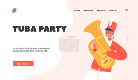Illustration for Tuba Pary, Parade Marching Landing Page Template. Happy Boy Play Festival Music With Tuba. Kid Character in Uniform with Brass Wind Instrument Perform Concert. Cartoon People Vector Illustration - Royalty Free Image