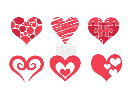 Illustration for Set of Red Hearts for Valentines Day, Puzzle, Striped, Polka Dots or Swirls Pattern. Love Symbols for Wedding and Valentine Greeting Card Design Elements. Cartoon Vector Illustration - Royalty Free Image