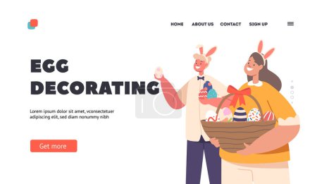 Illustration for Egg Decorating Landing Page Template. Boy and Girl Characters with Painted Eggs in Basket. Happy Kids Celebrate Easter Event, Playing Eggs Hunt. Cartoon People Vector Illustration - Royalty Free Image