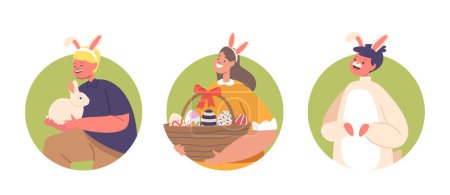 Illustration for Easter Game, Fun, Amusement for Children Isolated Round Icons or Avatars. Girl Wear Rabbit Ears Holding Basket with Painted Eggs, Boy with Cute Bunny. Easter Holiday Hunt. Cartoon Vector Illustration - Royalty Free Image