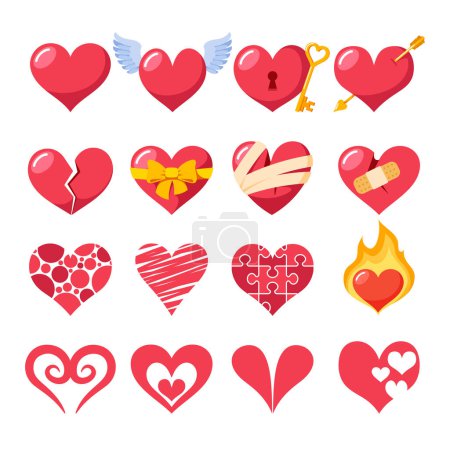 Illustration for Set of Red Hearts for Valentines Day, Love or Wedding Greeting Card. Wing with Wings, Key and Keyhole, Arrow and Bow. Broken, Burning Fire, Puzzle and Bandaged with Patch. Cartoon Vector Illustration - Royalty Free Image