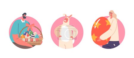 Illustration for Man, Woman and Baby in Rabbit Costume with Painted Eggs. Happy Family Easter Holiday Celebration. Mother, Father and Little Child Isolated Round Icons or Avatars. Cartoon People Vector Illustration - Royalty Free Image