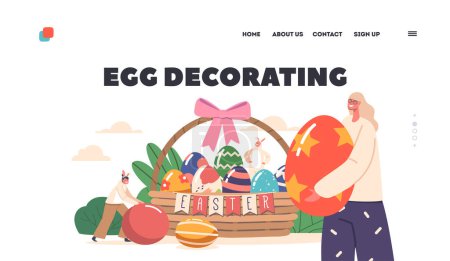 Illustration for Egg Decorating Landing Page Template. Happy Family Celebrate Easter. Mother with Children Girl and Boy Wear Rabbit Ears near Huge Basket Full of Painted Eggs. Cartoon People Vector Illustration - Royalty Free Image