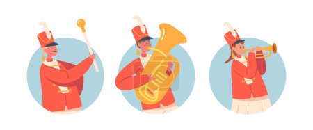 Illustration for Kids Military Orchestra Conductor with Stick and Children Playing Musical Instruments Trumpet and Tuba Isolated Round Icons Or Avatars. Victory Parade, Music March. Cartoon People Vector Illustration - Royalty Free Image