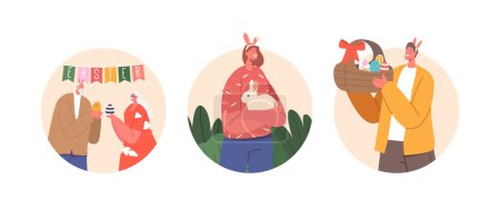 Illustration for Young and Senior Couples with Colorful Painted Eggs, Rabbit and Basket during Spring Holiday Isolated Round Icons or Avatars. Happy Family Easter Celebration. Cartoon People Vector Illustration - Royalty Free Image