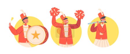 Ilustración de Personajes para niños de la Orquesta Militar usan uniforme rojo festivo y sombreros con plumaje tocando tambor orquestal e instrumentos de flauta durante el desfile o evento público de marzo. Dibujos animados Gente Vector Ilustración - Imagen libre de derechos