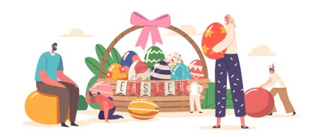 Ilustración de Feliz Celebración Familiar de Pascua. Los padres y los niños Las niñas y los niños usan orejas de conejo para jugar y cazar huevos cerca de una cesta enorme con huevos pintados durante las vacaciones de primavera. Dibujos animados Gente Vector Ilustración - Imagen libre de derechos