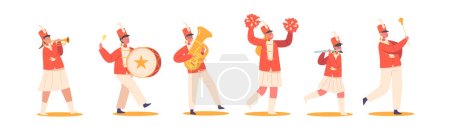 Kinderband in roter Uniform marschiert in Parade Fröhliche Mädchen und Jungen spielen Festmusik mit Trommel, Blechhorn, Flöte und Tuba, Kindermarsch isoliert auf weißem Hintergrund. Zeichentrickvektorillustration