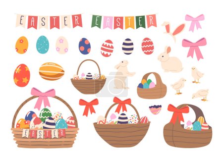 Illustration for Set of Easter Items and Gifts. Rabbit Ears Headband, Bunny Animals, Flag Garland, Decorated Eggs and Basket with Colored Eggs Isolated on White Background. Cartoon Vector Illustration, Icons, Clip Art - Royalty Free Image