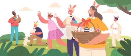 Illustration for Happy Kids Hunt Eggs during Easter Event Celebration in Spring Garden. Little Boys and Girls Characters Finding and Collecting Painted Colorful Eggs into Basket. Cartoon People Vector Illustration - Royalty Free Image