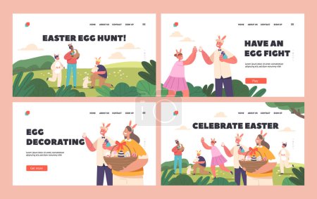 Illustration for Celebrate Easter Landing Page Template Set. Happy Kids Hunt Eggs in Spring Garden. Little Boys and Girls Characters Finding and Collecting Colorful Eggs into Basket. Cartoon People Vector Illustration - Royalty Free Image